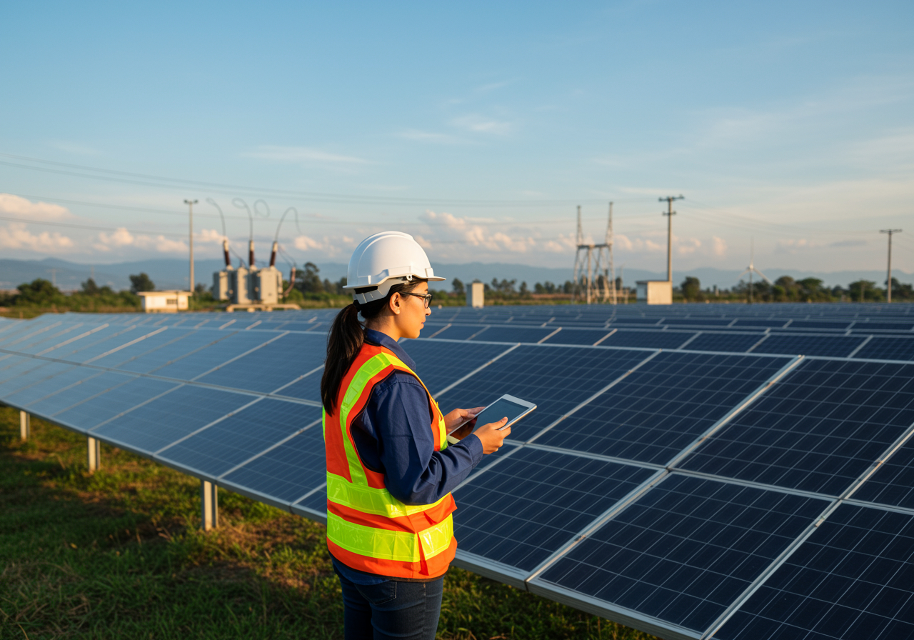 Ingeniera de campo supervisando parque solar fotovoltaico - consultoría integral de proyectos energéticos