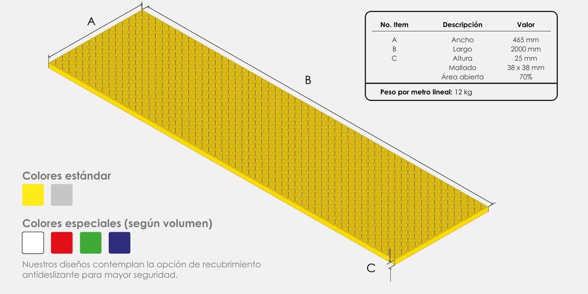 Plano acotado del módulo de pasarela: 465 mm de ancho, 2000 mm de largo y 25 mm de altura de rejilla, con los colores estándar y especiales disponibles